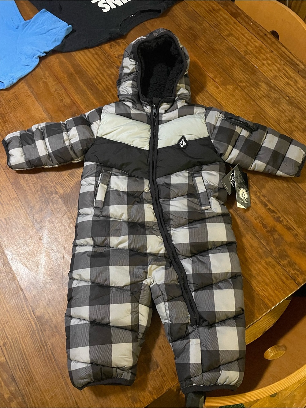 NWT Volcom Kids Black & Gray Plaid Insulated One-Piece Snowsuit, 18 months
